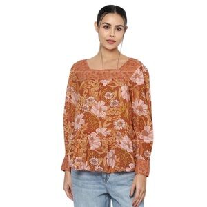 AMERICAN EAGLE WOMEN ORANGE LONG-SLEEVE SQUARE NECK PEASANT BOHO TOP